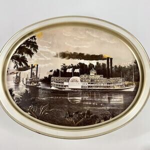 Vintage Sunshine Biscuits Tin Mississippi River Steam Boat Bayou Currier & Ives